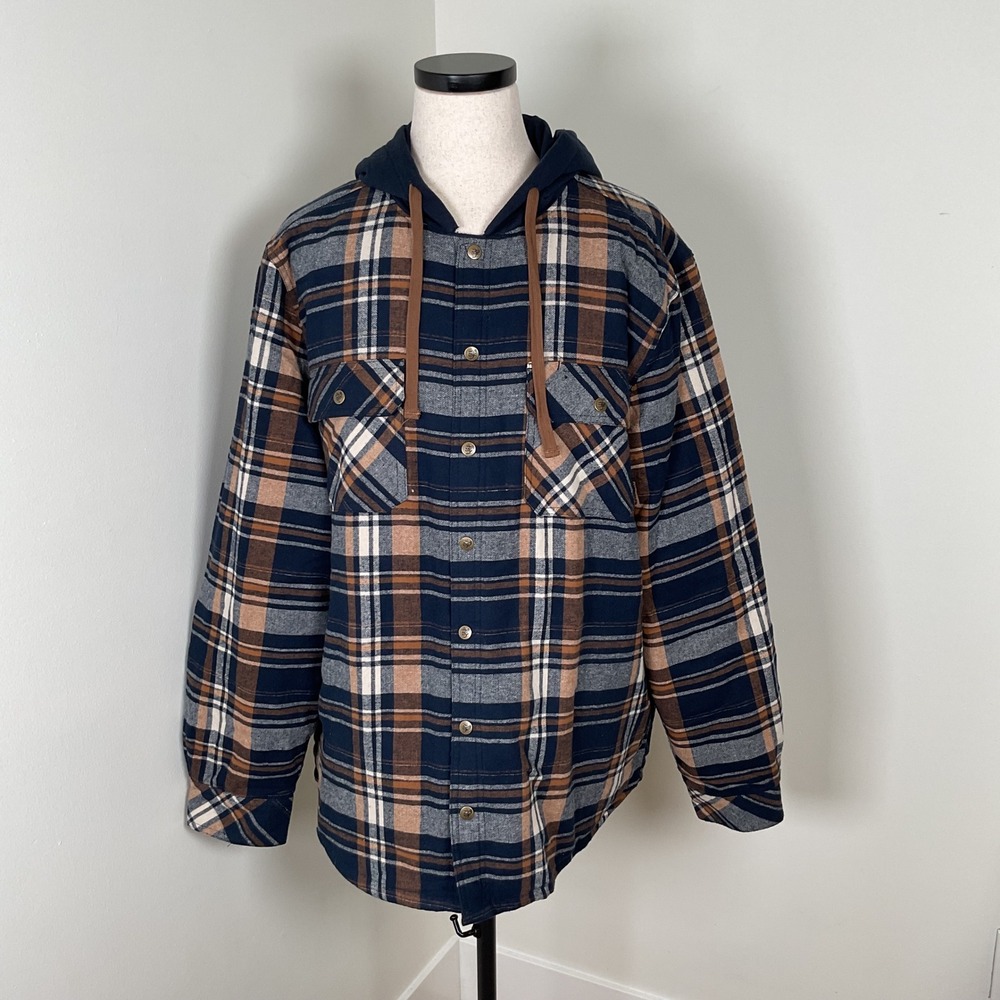 Legendary Outfitters Men's Flannel Lined Hoodie Shirt‎ XXL Blue Brown Plaid